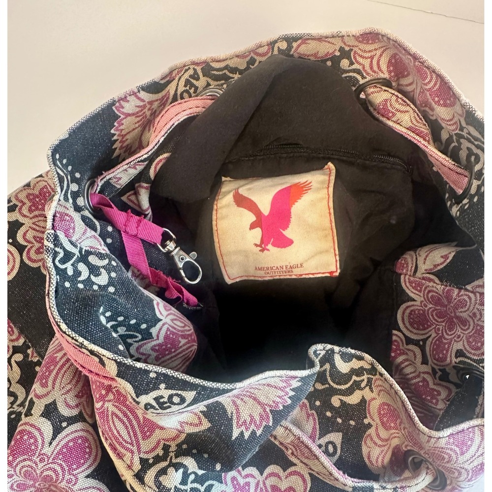 American Eagle Outfitters Y2K Pink Floral Canvas Bucket Bag Drawstring Tote AEO - Picture 5 of 9